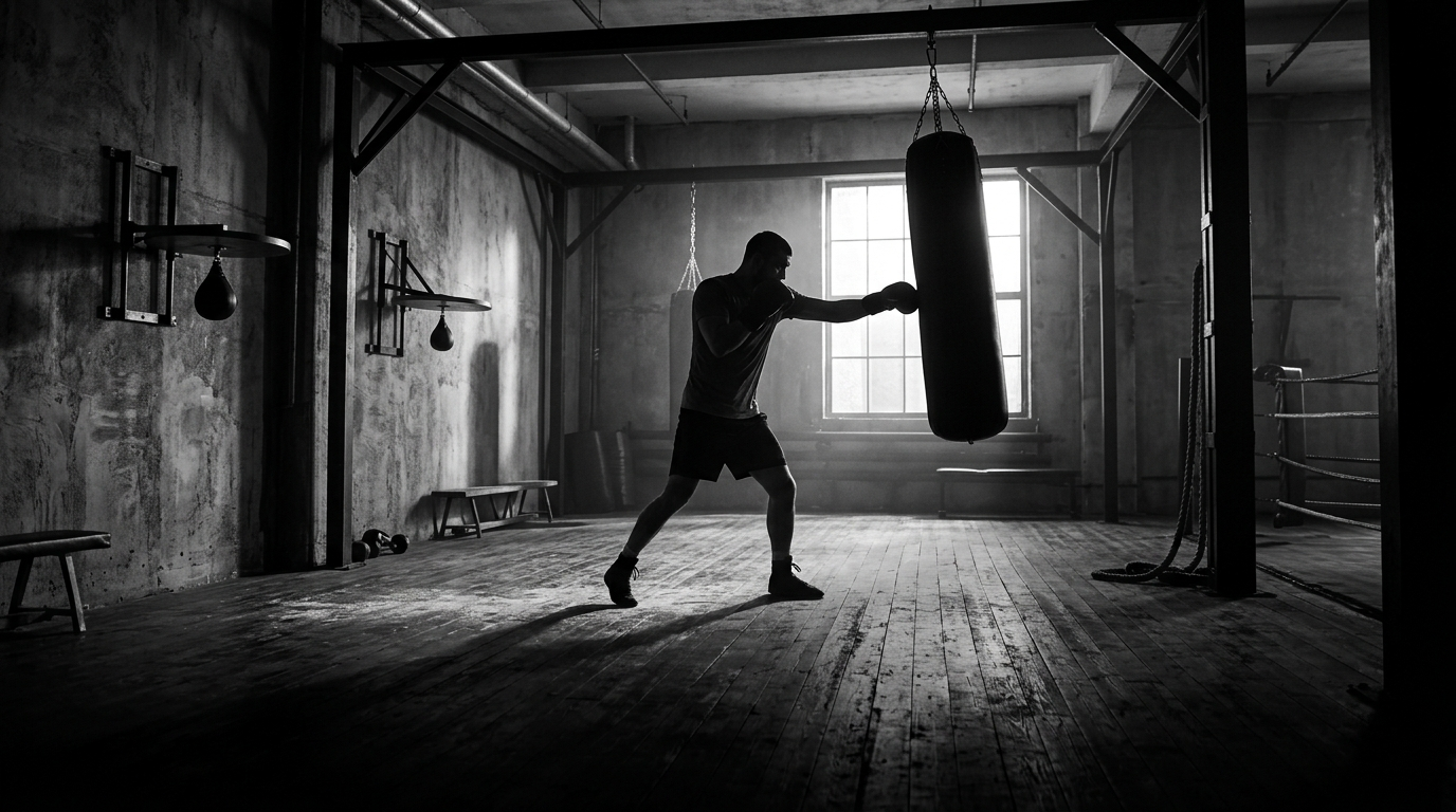 A boxer training on a heavy bag in a dimly lit industrial gym, black and white.